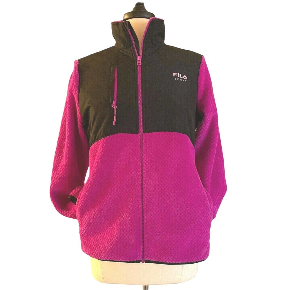 Fila Sport Size M Womens Full Zip‎ Fuchsia Pink and Black Fuzzy Fleece Jacket